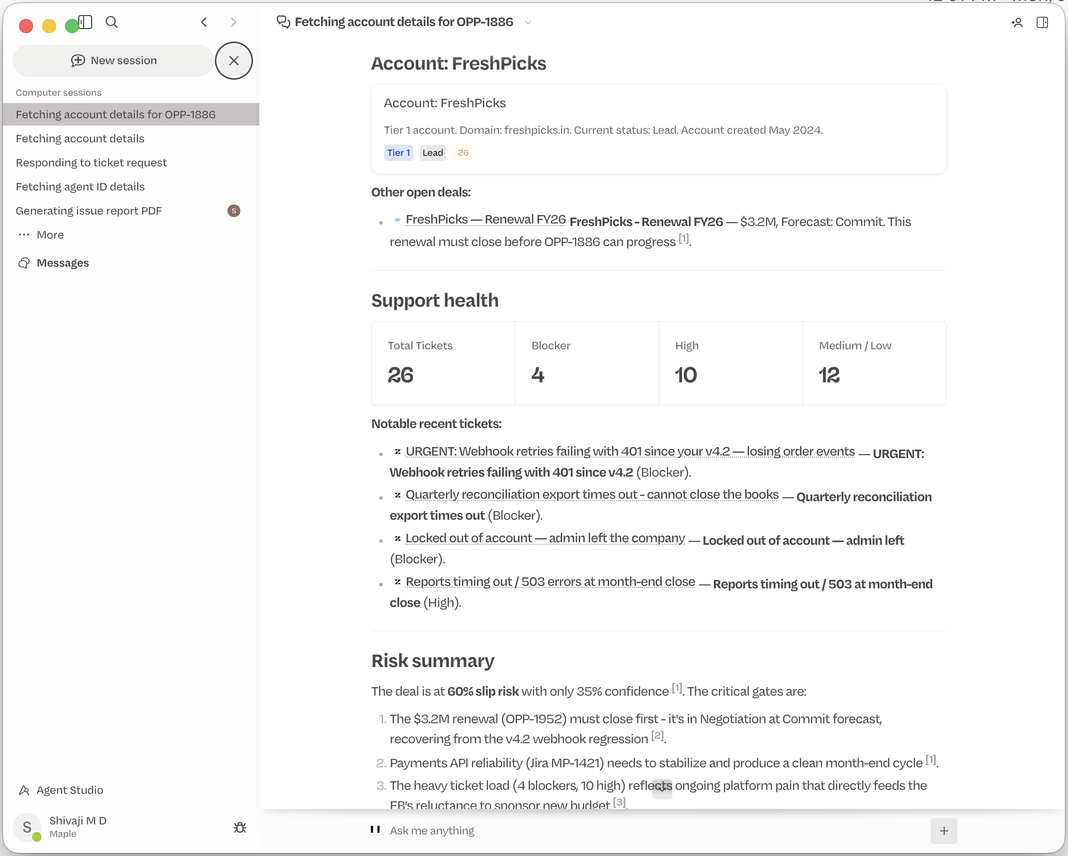 Computer answering an Account 360 query across Zoho CRM, Zoho Desk and Bugzilla